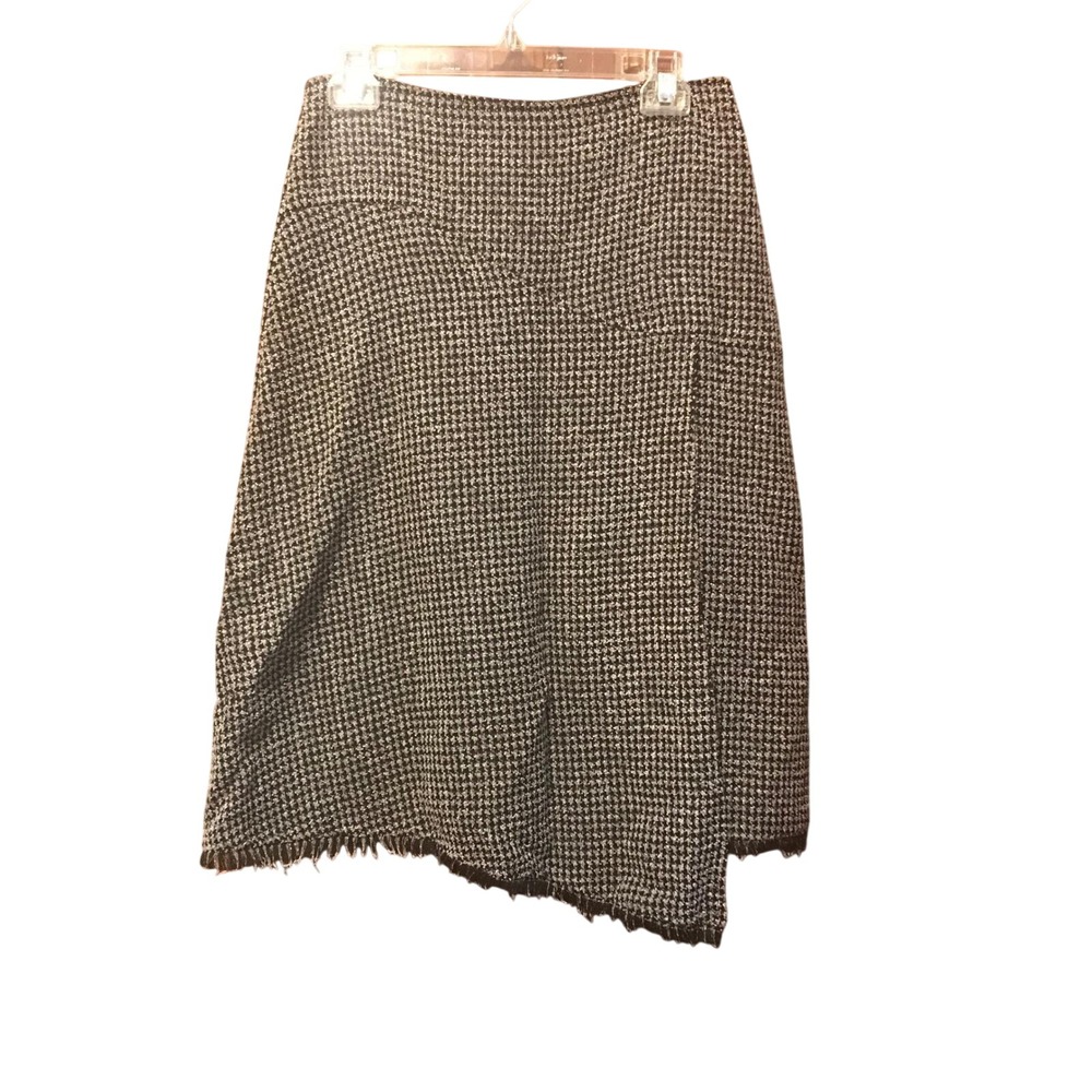 Vintage 90's Houndstooth Midi Skirt Black White Fringe Hem Size 6 EUC